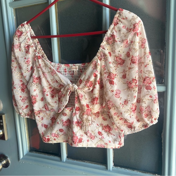 Buckle BKE Floral Front Tie Chiffon Puffy Sleeve Crop Top A. PEACH White Pink M - Picture 3 of 11